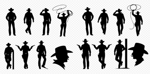Collection of cowboy silhouettes in various poses including standing, walking, and holding a lasso, on a transparent background.