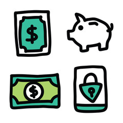 Hand Drawn Finance and Banking Vector Icon Set with Money Piggy Bank and Mobile Security Symbol