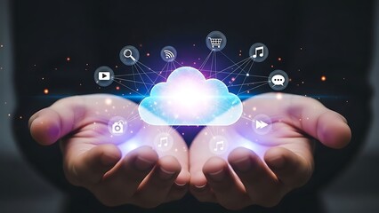 Businessman holding glowing digital cloud computing network connecting various media and data icons in a dark futuristic technology concept