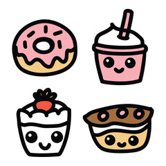 Cute Hand Drawn Dessert and Sweet Food Vector Icon Set with Donut Cupcake and Ice Cream