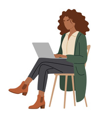 Flat vector illustration of a woman in dark green cardigan working on a laptop sitting on the chair, side profile, clean minimalist style, isolated on transparent background.