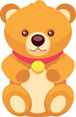 A teddy bear with a red collar sits on a white background