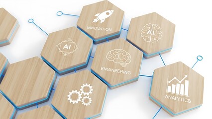 Wooden hexagonal blocks displaying interconnected concepts like ai engineering innovation analytics and gears symbolize digital technology integration and future business strategy development