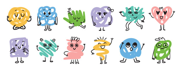 Naklejka na ściany i meble Abstract funny scribble characters different emotions and faces. Cute doodle hand drawn characters set.