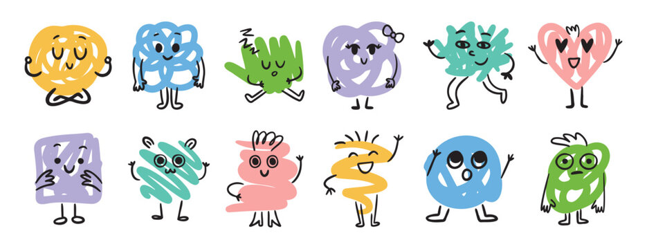 Abstract funny scribble characters different emotions and faces. Cute doodle hand drawn characters set.