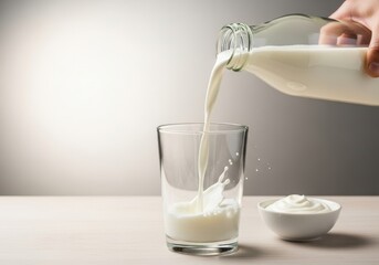 Hand pouring fresh white milk from a glass bottle into a clear drinking glass isolated on white background