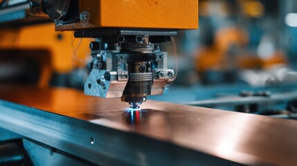 Medium shot of laser device precisely measuring copper sheet thickness during extrusion for quality control in an industrial setting