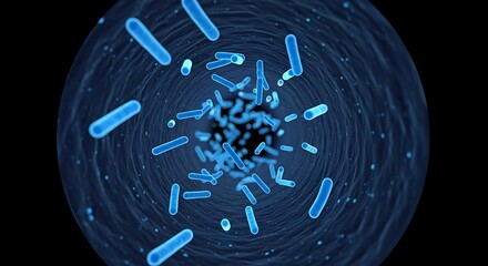 Perspective view looking through a dark tunnel filled with floating blue rod-shaped bacteria and small dots, conveying a sense of microscopic travel or infection.