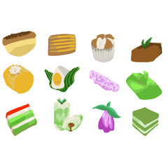 Local market snack (kue jajanan pasar tradisional) from Indonesia. There are pukis, lapis legit, bolu kukus, wajik, getuk, nagasari, cenil, dadar gulung jadul, kue lapis, putu, kue ku jambu air