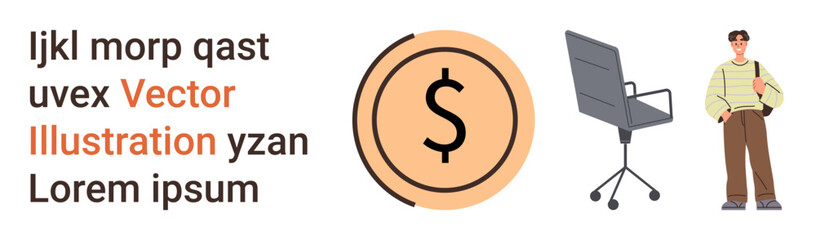 Finance, office setup, workplace ergonomics, business lifestyle, modern workspace, casual attire. Dollar sign on orange background, office chair and person wearing casual clothing. Finance