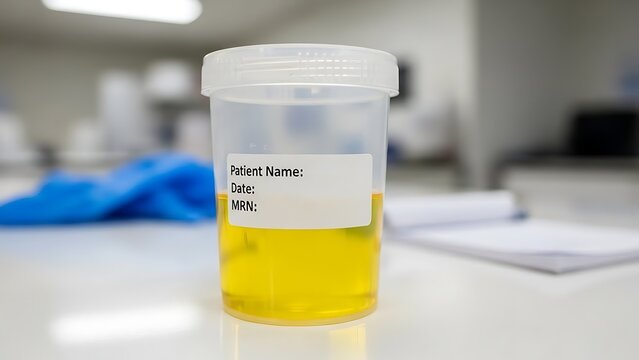 Close up of a sterile urine sample container with yellow liquid and patient identification label sitting on a clean laboratory counter ready for analysis