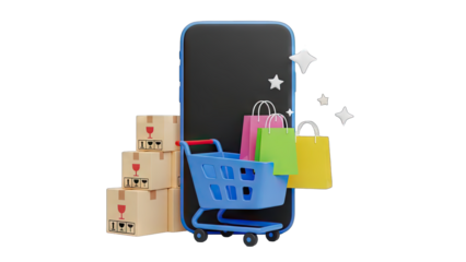 Online Shopping Metaverse Digital Illustration Featuring a Smartphone Shopping Cart Stacks of Cardboard Boxes and Colorful Shopping Bags with Stars on a Transparent Background