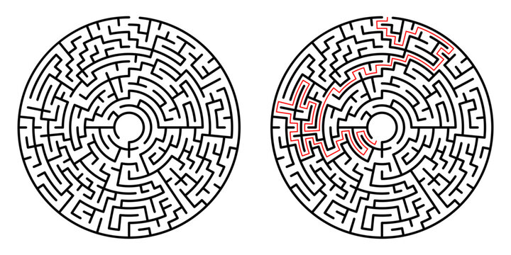 Vector maze illustration presents a dense field of interconnected routes. The circular structure conveys depth and challenge, capturing the essence of logic, navigation, and focused problem solving.