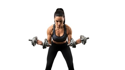 Dedicated woman lifting weights with powerful focus and determination for fitness goals, striving for strength and wellness in workout routine