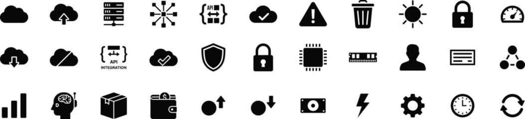 Cloud computing icon set. Vector glyph icons of cloud storage, server hosting, API integration, security, networking, data processing, and technology management.