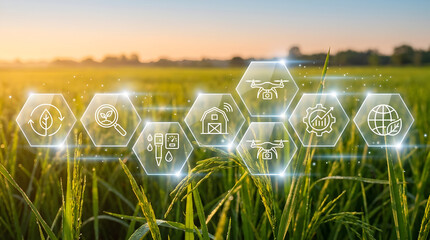 Stunning digital farming technology icons float above a lush green rice field at sunrise