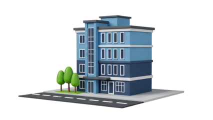 Modern Blue Apartment Building With Green Trees And Road In A Low Poly Style Isolated On A Transparent Background
