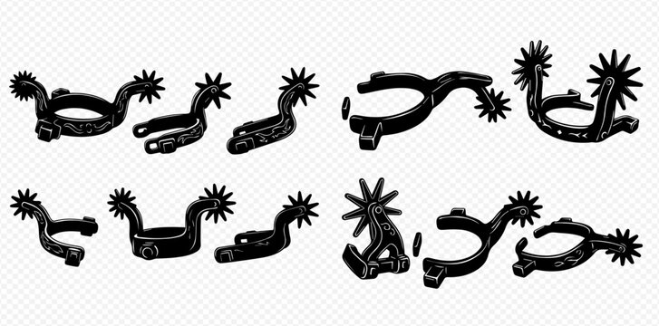 Set of hand drawn cowboy spurs in various styles for equestrian sports and western riding.