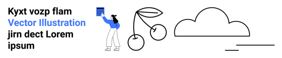 Education, creativity, publishing, minimalism, art, digital design. A figure holding a book, cherries a cloud and placeholder text. Education and creativity illustrated © robu_s