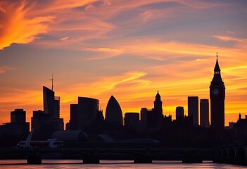 Fototapeta premium Iconic London skyline silhouette at sunset, featuring key landmarks, view, landmarks