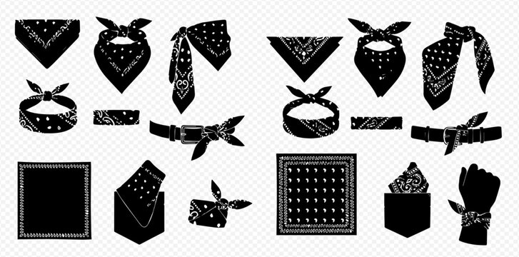 Set of black bandanas in various styles and folds, isolated on a transparent background, perfect for design elements.
