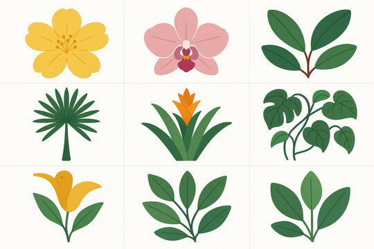 Venezuelan flora icons in flat botanical vector grid with calming organic palette on white background