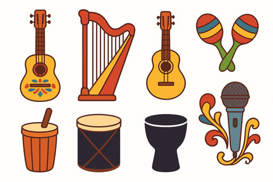 Venezuelan folk instrument icons in flat colorful vector grid with bright cultural palette on white background
