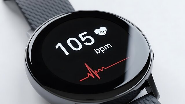 Sleek smartwatch displaying heart rate monitor data and health tracking for a modern wellness lifestyle, promoting a healthy lifestyle and fitness goals - Powered by Adobe