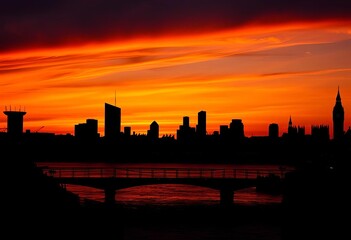 Iconic London skyline silhouette at sunset, dramatic dark sky, architecture, rooftops