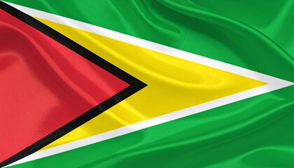 Guyana flag with green field, red and gold triangles bordered by black and white stripes.