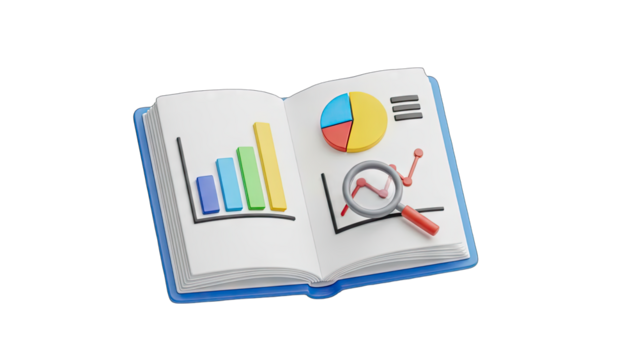 Open Book Displays Colorful Bar and Pie Charts Under Magnifying Glass With Graphs and Data Analysis on Transparent Background 3D Render - Powered by Adobe