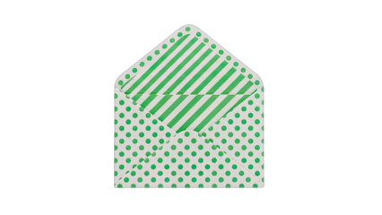 Open Green And White Striped And Dotted Pattern Envelope Isolated On Transparent Background With Soft Light