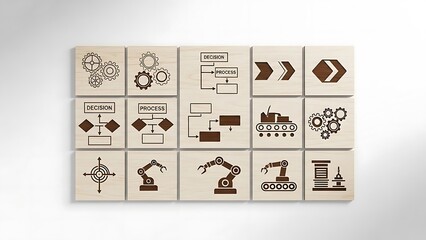 Wooden blocks displaying engraved icons representing industrial automation workflow concepts like gears decision points assembly lines and robotic arms for manufacturing strategy