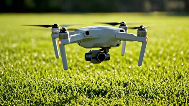 A White Drone with a Camera Hovers Over a Lush Green Grass Field on a Sunny Day