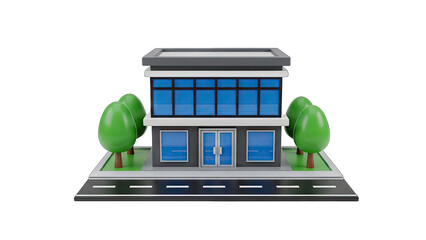 Modern Commercial Building with Blue Windows and Green Trees on a Transparent Background