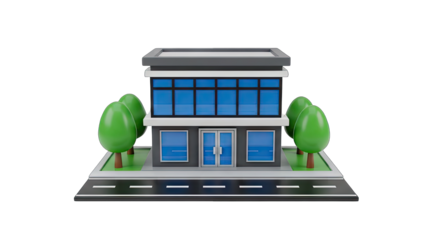 Modern Commercial Building with Blue Windows and Green Trees on a Transparent Background