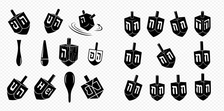 Set of black dreidel icons for Hanukkah, a traditional Jewish game, on a transparent background.