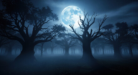 Spooky Night Landscape with Full Moon and Bare Trees in Fog