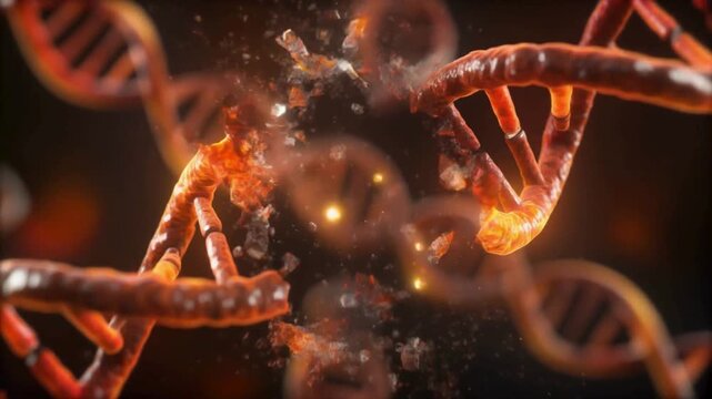 Dynamic illustration of a double helix DNA strand breaking apart, depicting genetic mutation, damage, or scientific breakdown process with glowing energy particles