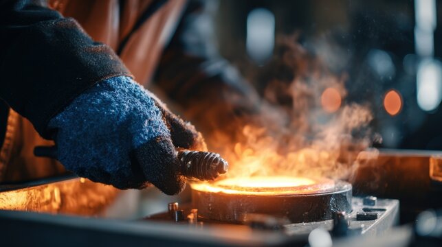 Medium shot of a skilled technician using precise temperature controls to evenly heat a metal workpiece during annealing for improved softness and ductility.