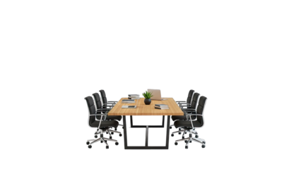Modern Conference Room with Large Wooden Table and Black Office Chairs Arranged Around it with Minimalist Decor and Office Supplies Scattered Across the Surface