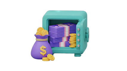 Open Teal Safety Deposit Box Revealing Stacks of Purple Money and a Purple Money Bag Filled with Gold Coins and Scattered Gold Coins in a 3D Render with a Transparent Background
