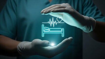 Healthcare professional holding hospital bed icon with heartbeat
