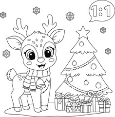 Christmas Reindeer Coloring Page with Tree and Gifts