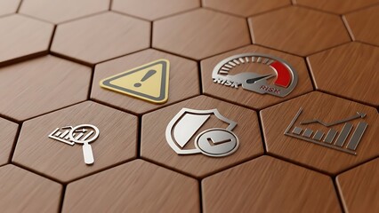 Five metallic risk management icons including warning signs security shields and growth charts embedded in a textured wooden hexagonal surface background