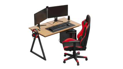Modern Gaming Desk Setup With Two Computer Monitors Keyboard Mouse and Ergonomic Chair in Black and Red With Wood Grain Tabletop and Transparent Background