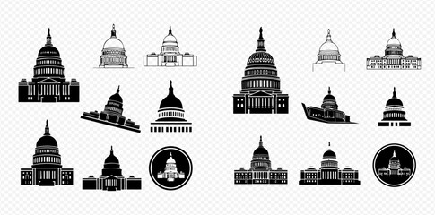 Set of Various Capitol Building Silhouettes and Line Art Illustrations for Design. © Adji