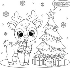 Christmas Reindeer Coloring Page with Tree and Gifts
