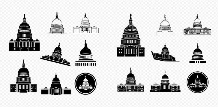 Set of Various Capitol Building Silhouettes and Line Art Illustrations for Design.