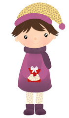 Cute Winter Girl with Star Santa Hat Holding Gift – Pastel Christmas PNG